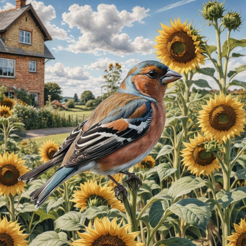 Chaffinch on Sunflower in Colored Pencil Style