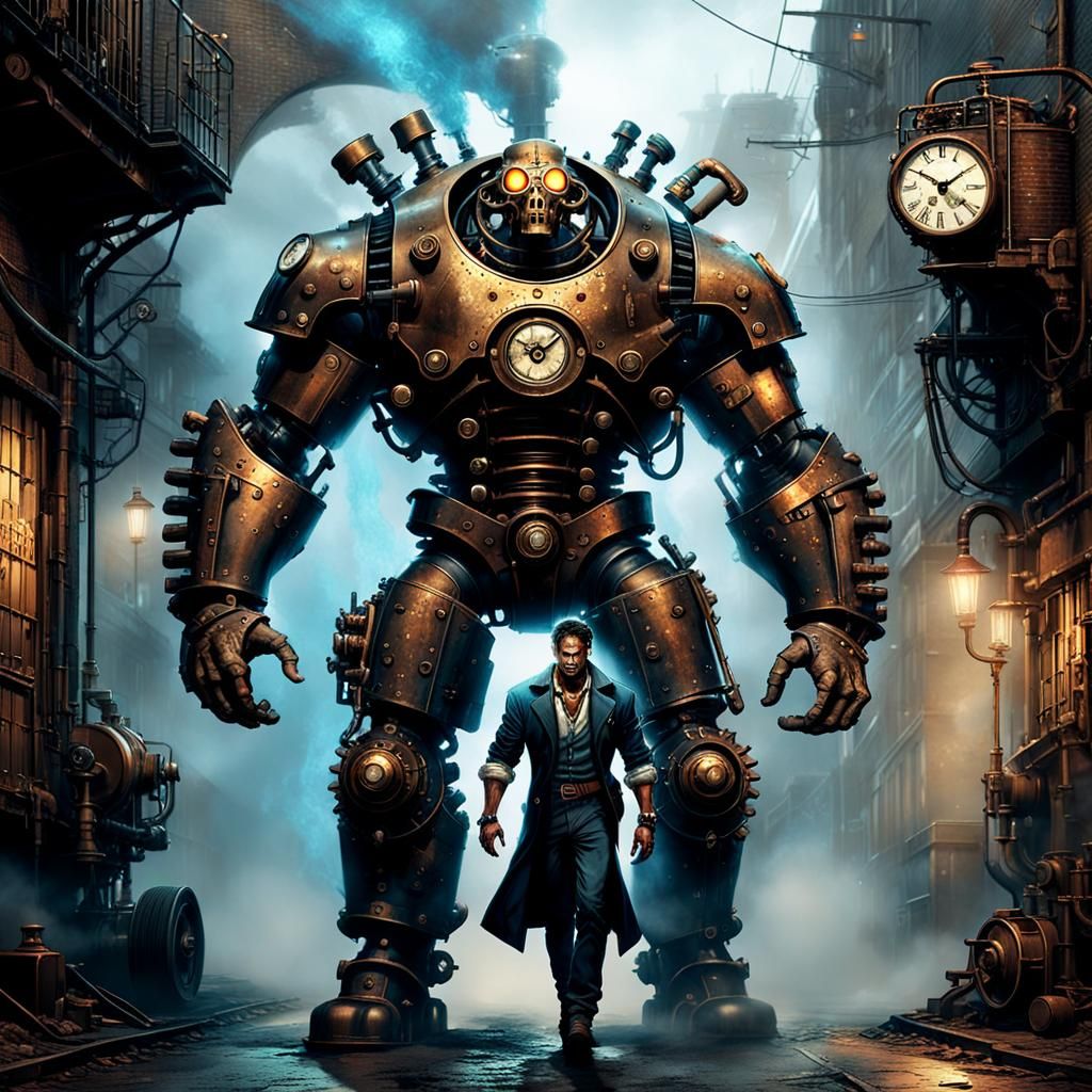 Steampunk Mutant Giant Holding Car in Alleyway