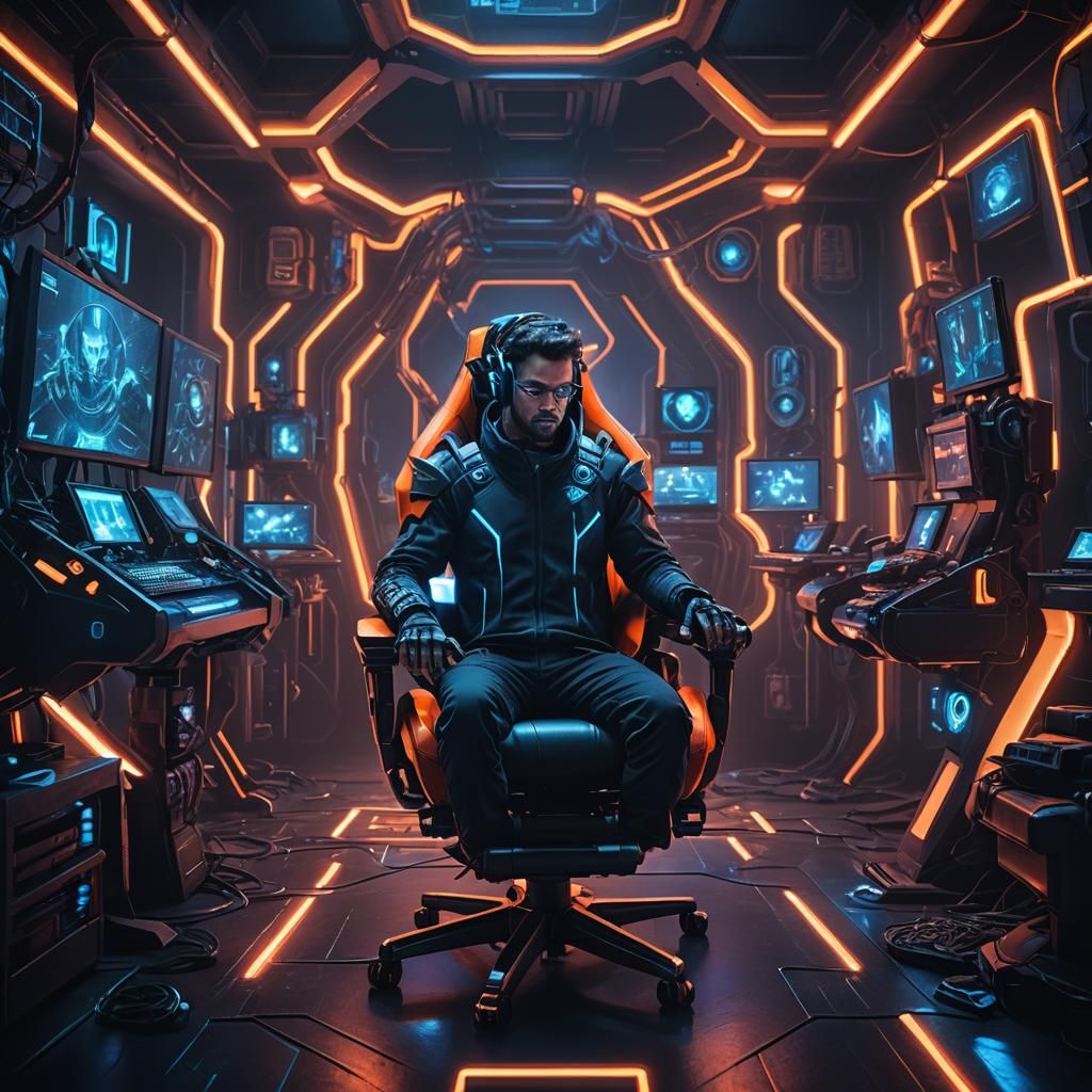 Gamer in Neon-Lit Room: Cinematic Fantasy Art