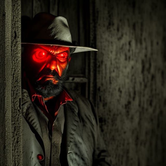 Scary Farmer Portrait in Front of Haunted House