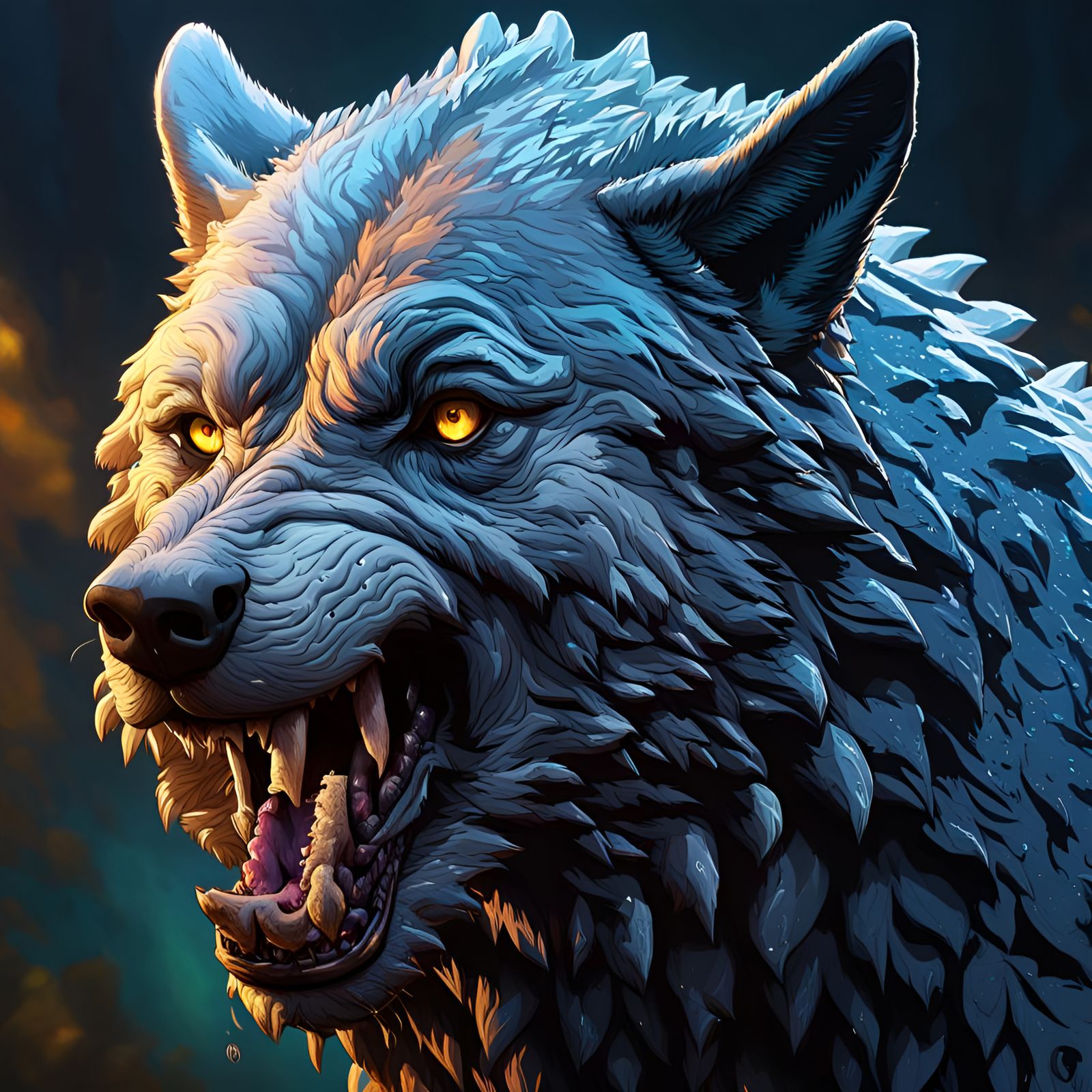 Hyperrealistic Druid Dire Wolf in Splash Art Style