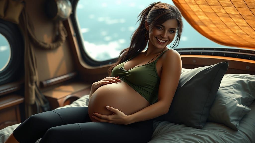 Pregnant Lara Croft in Serene Fantasy Environment