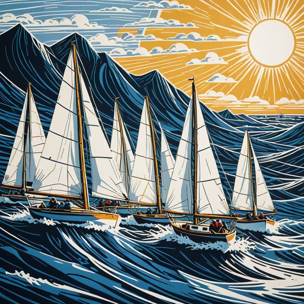 Sail boat race  water  linocut