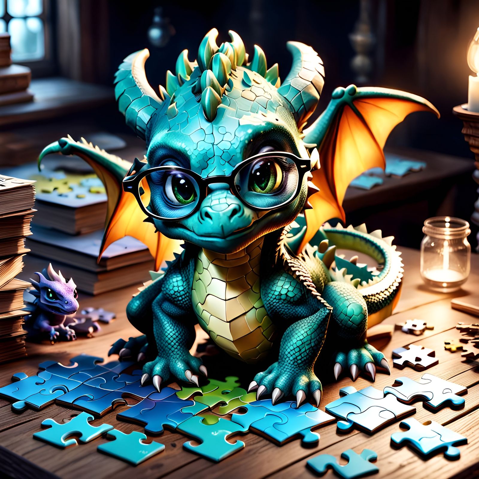 Cute Dragon Works on Jigsaw Puzzle: Digital Illustration