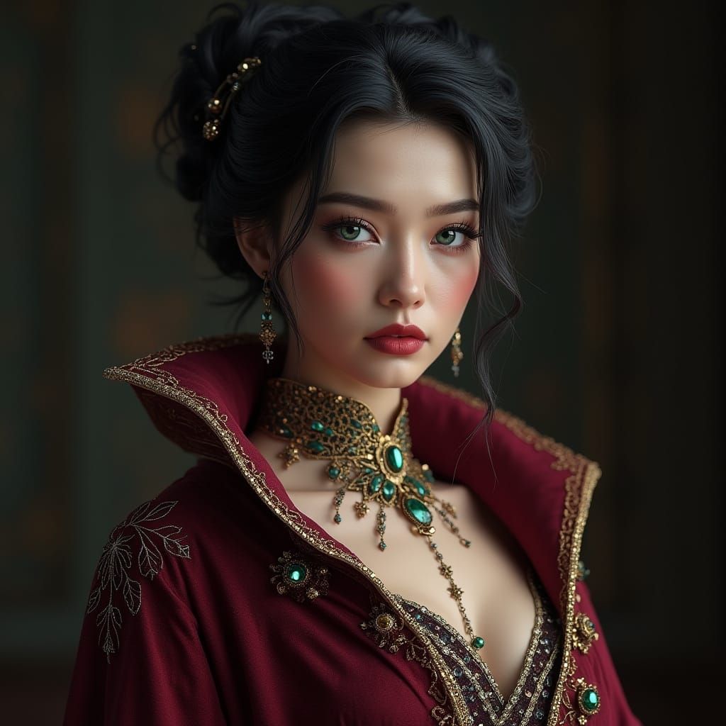 Surreal Fantasy Portrait in Vibrant Burgundy and Sapphire