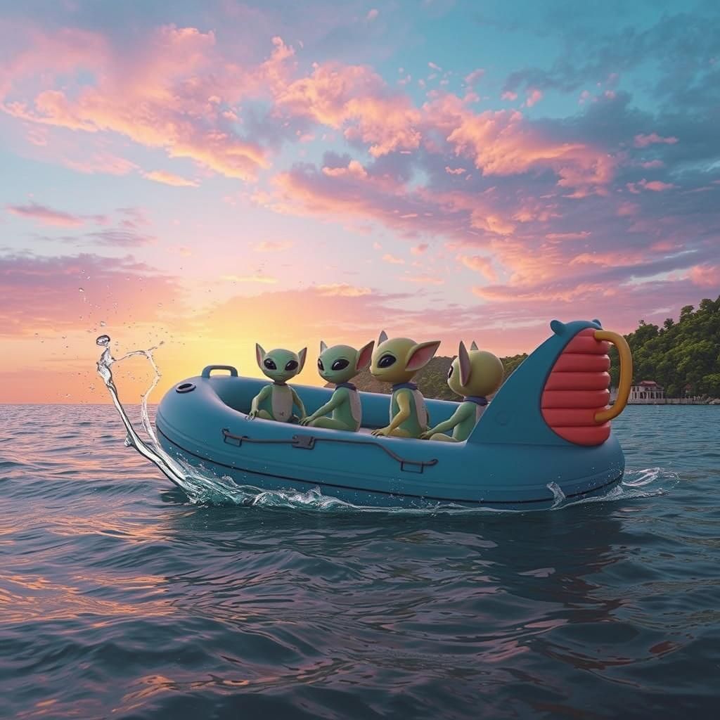 Inflatable Lifeboat with Cute Aliens at Sunset
