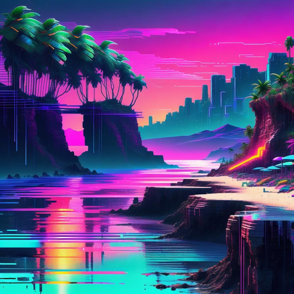 Glitchcore City Beachscape: Futuristic Jungle Meets Glitchwa...