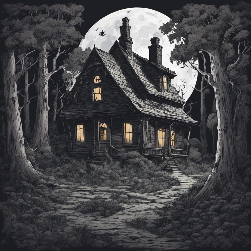 Sinister Witch House in Spooky Forest at Night