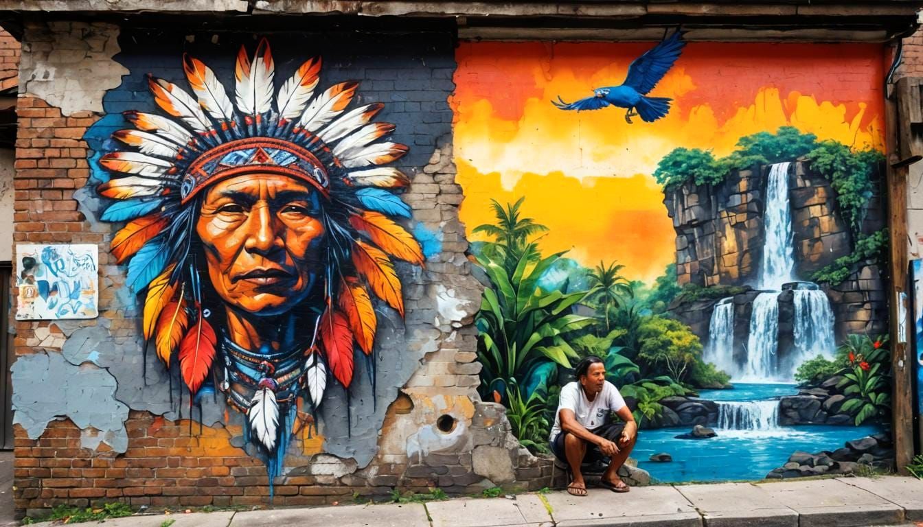 Polychromatic Street Art Mural of Indigenous Life