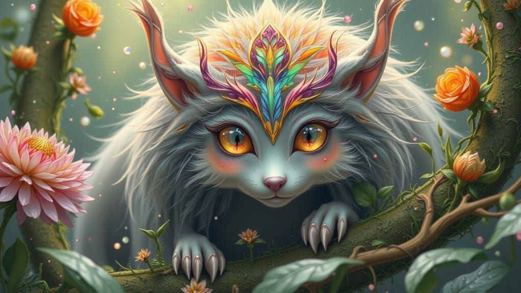 Whimsical Feline Creature in a Magical Forest