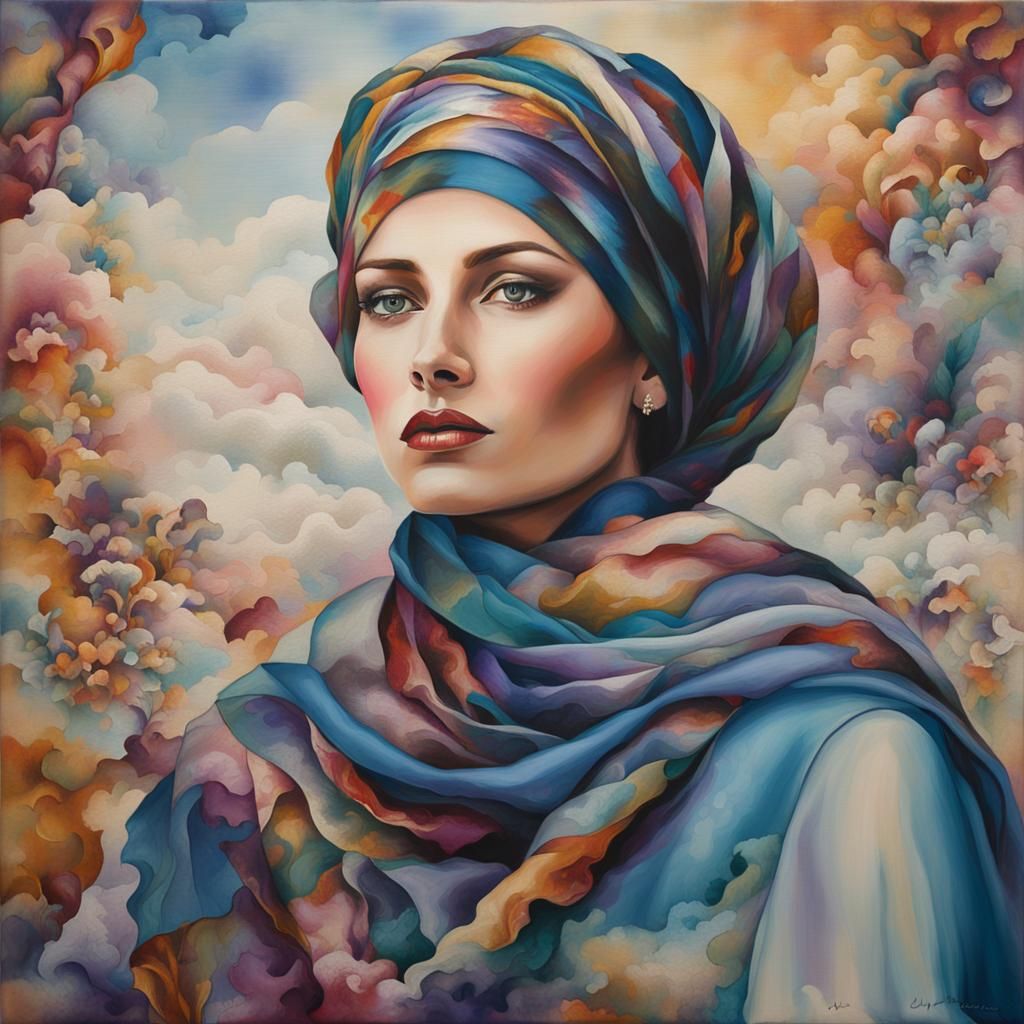Elegant Lady in Oversized Headscarf, Close-up Portrait