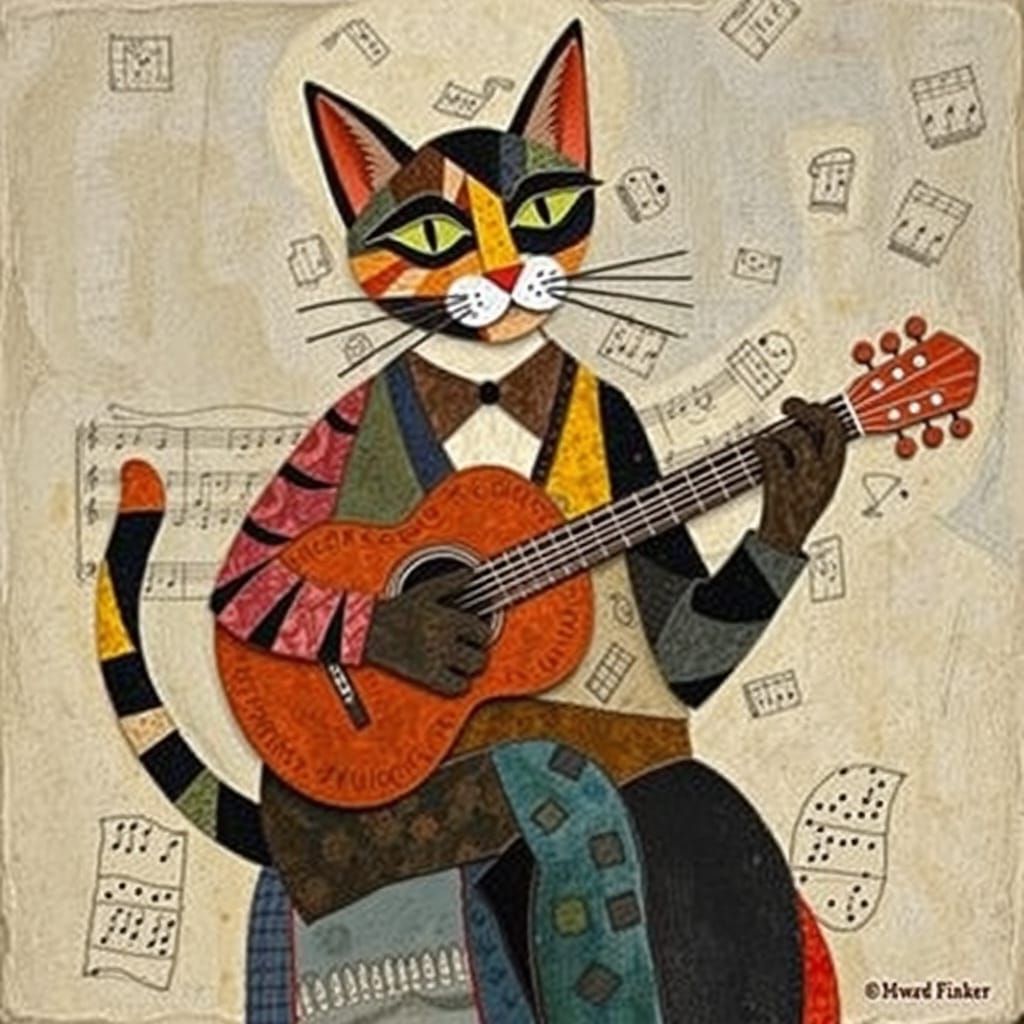 Patchwork Cubist Cat Folk Musician Art