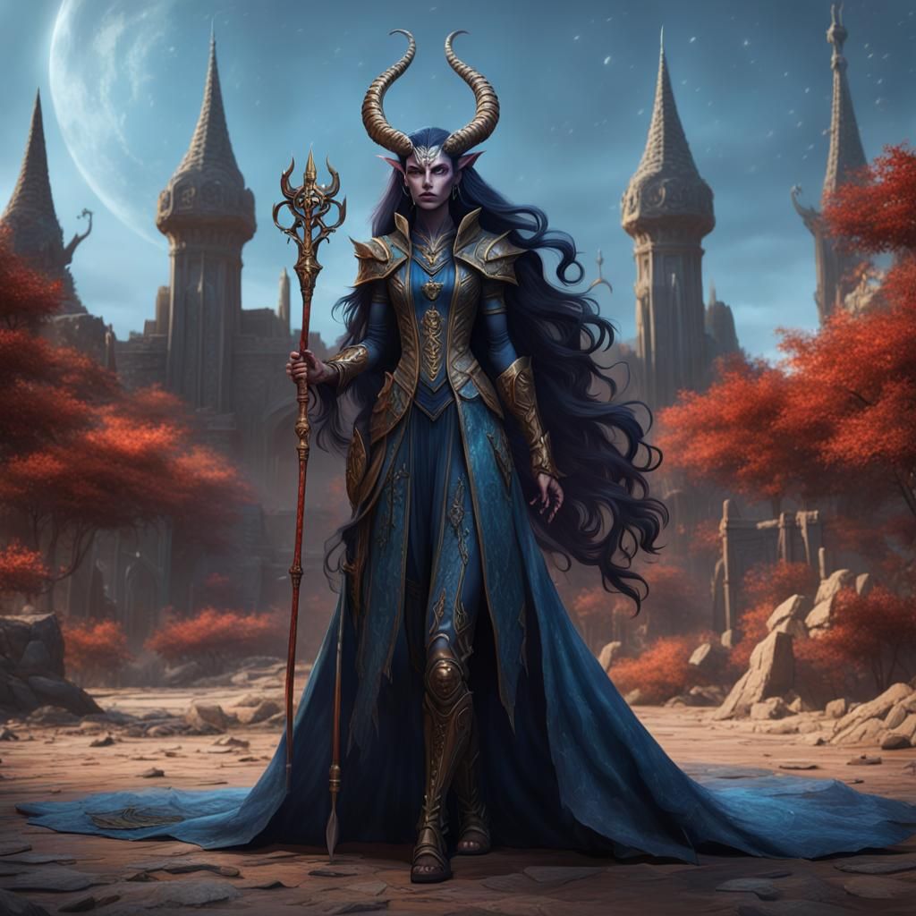 Tiefling Sorceress in Flowing Gown: Fantasy Concept Art