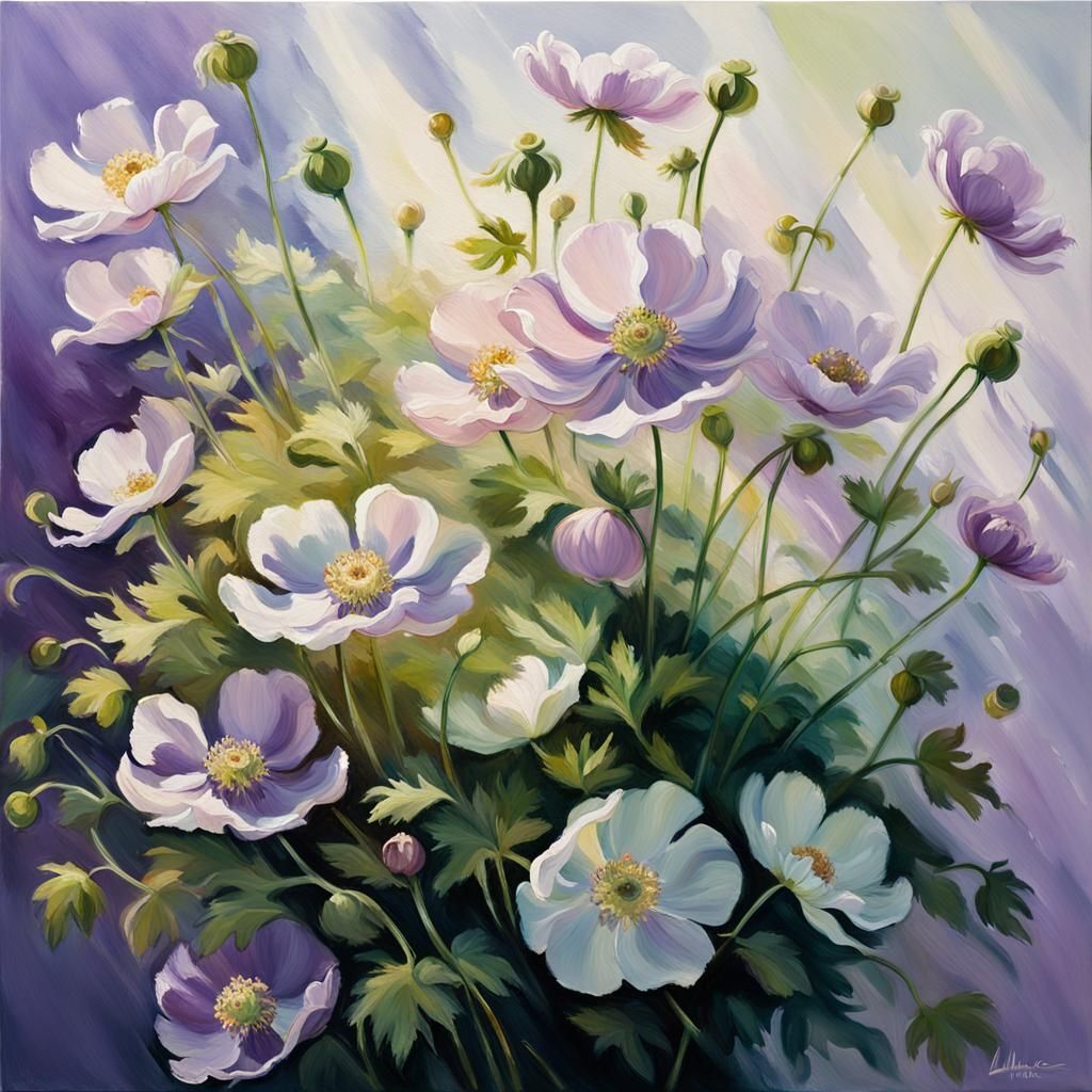 Impressionist Japanese Anemones in Purple and Green