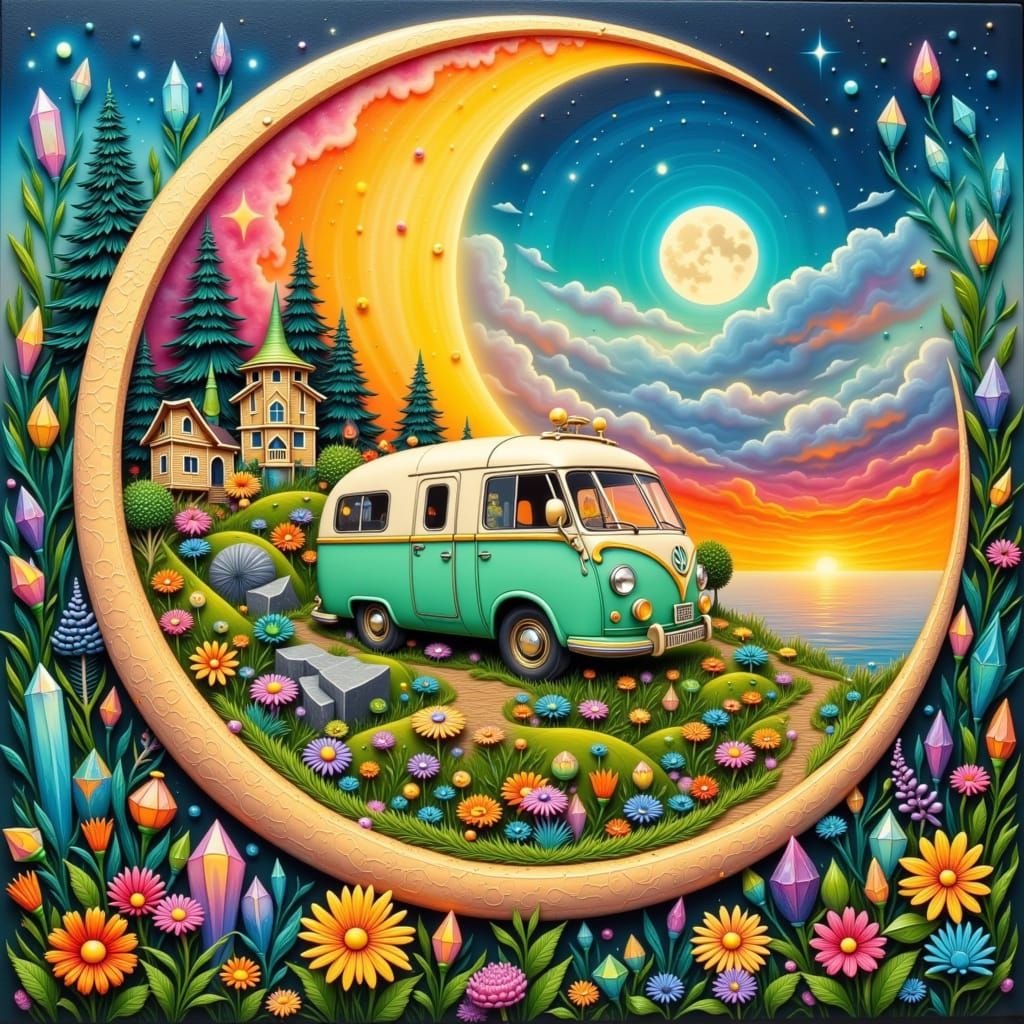 Miniature Village in Crescent Moon, Impasto Style