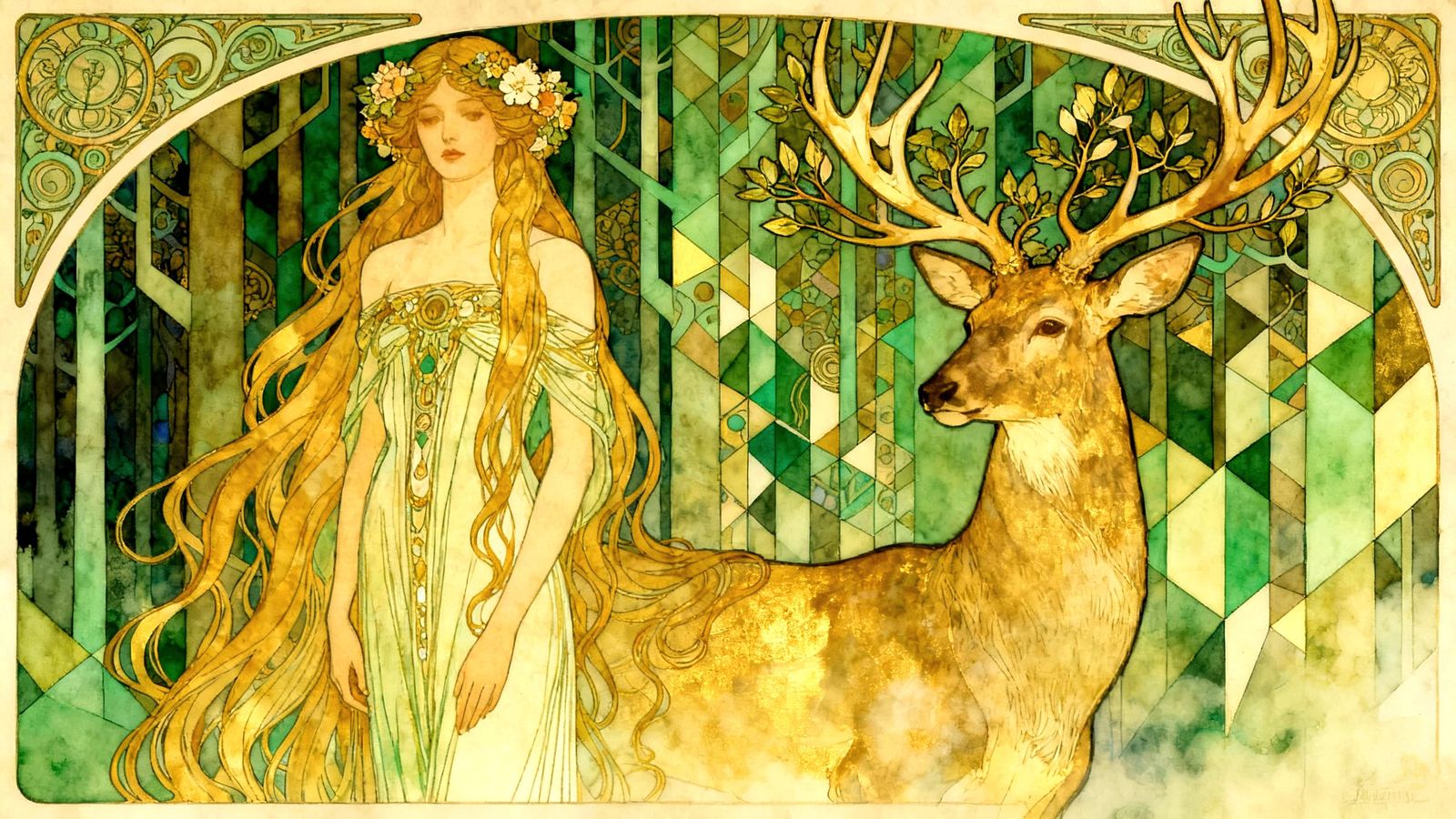 Art Nouveau Woman Transforms into Stag in Geometric Forest