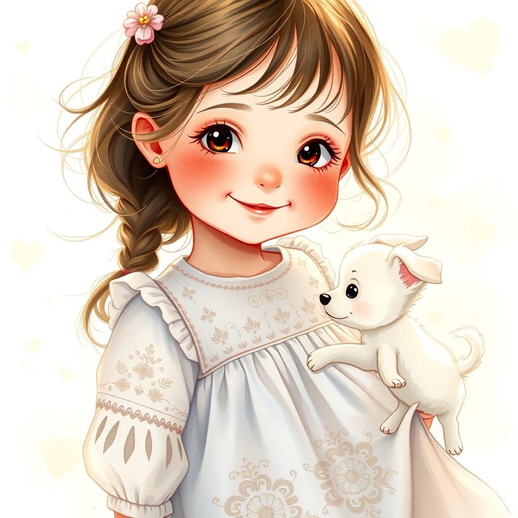 Cute Puppy Dances on Delicate Cotton Dress in Whimsical Wate...