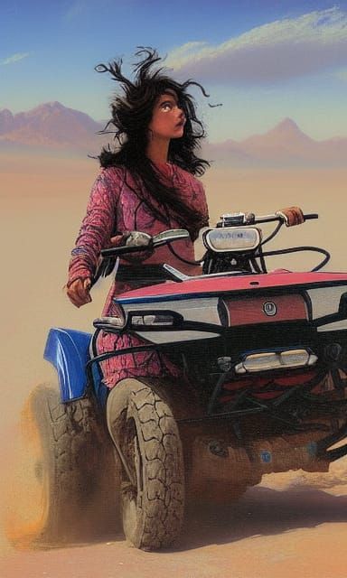 Woman on ATV in Surreal Desert Landscape
