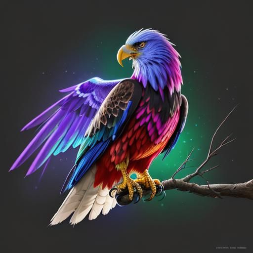 Neon Rainbow Eagle on Branch: Hyperrealistic Splash Art