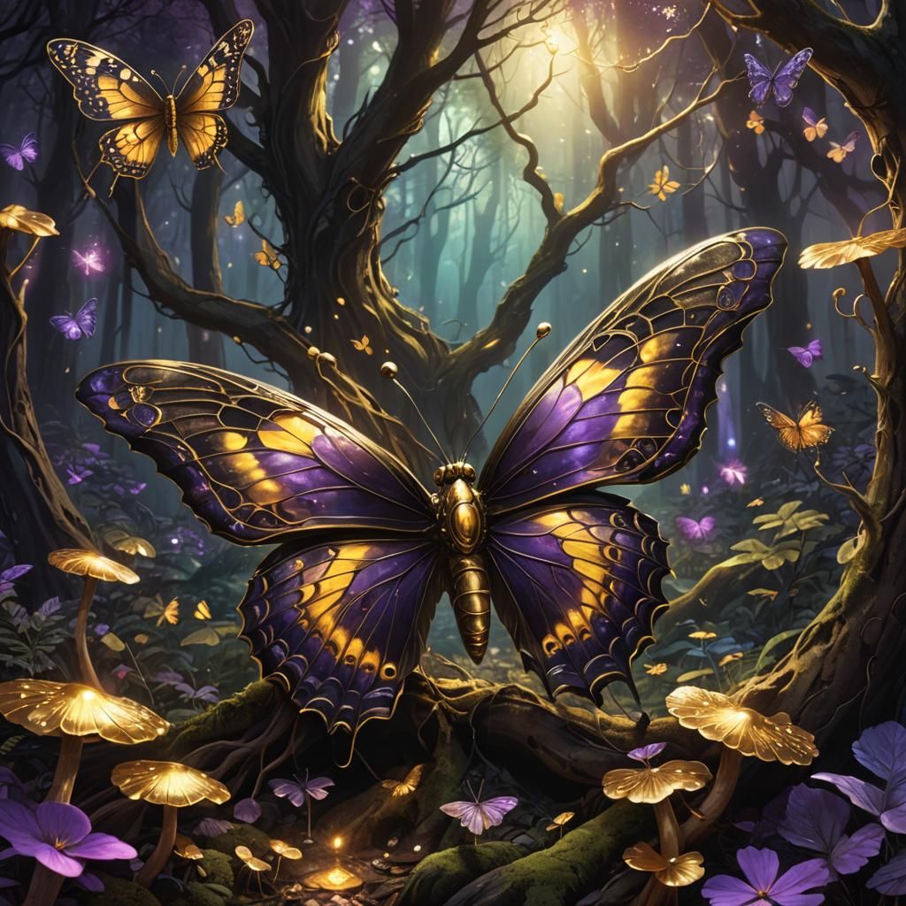 Glowing Butterfly Spreads Magic in Dark Forest