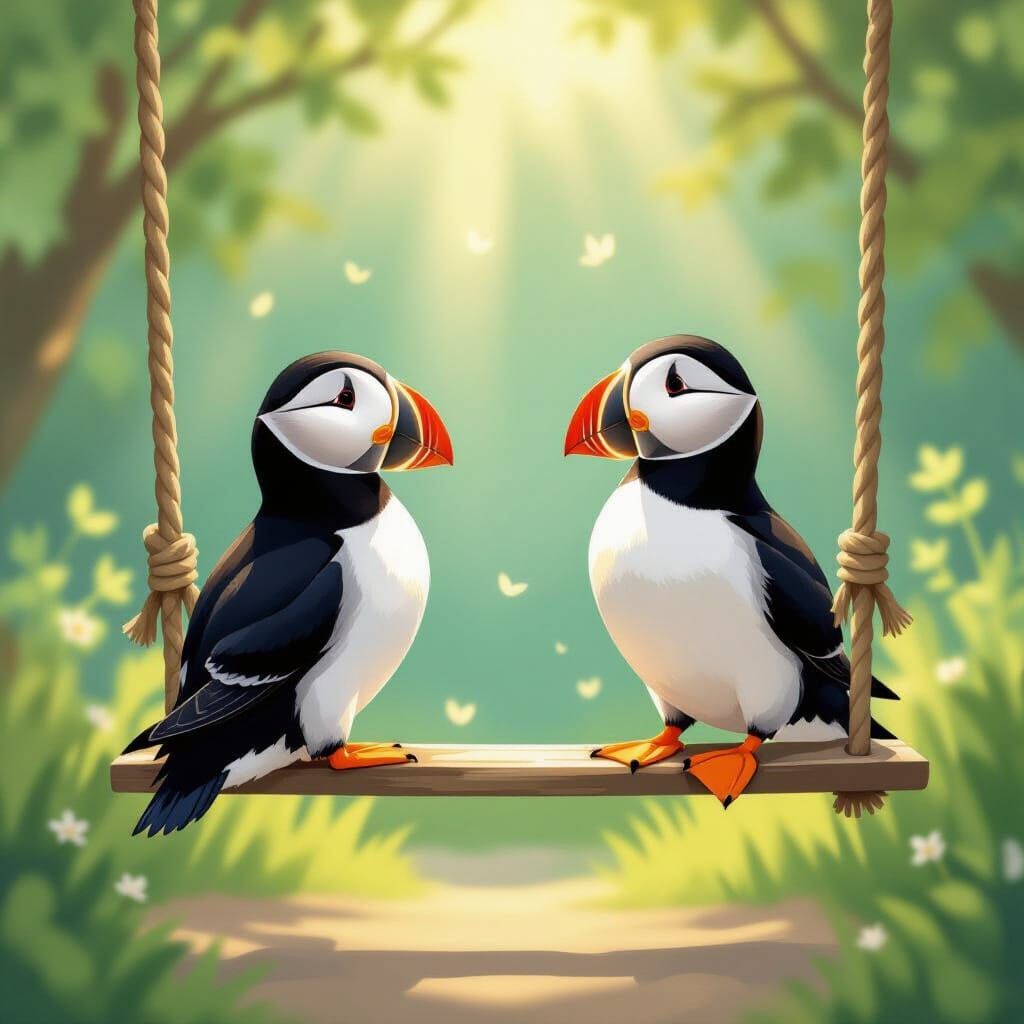 Whimsical Puffins on Swings in Watercolor Illustration
