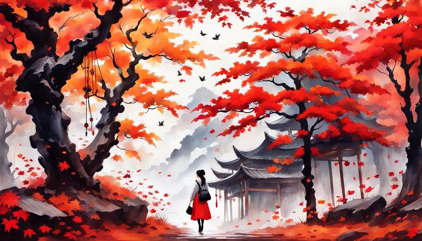 Autumnal Ink Painting of Girl on Swing