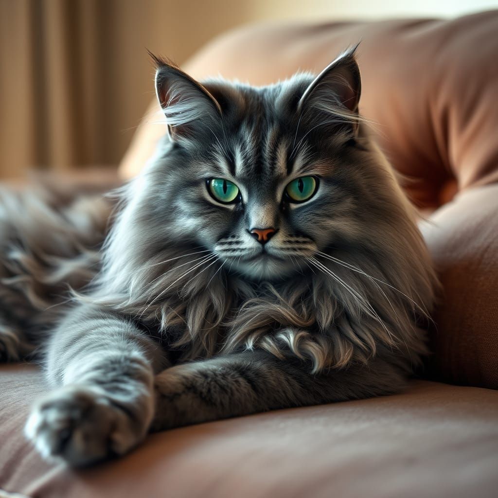 Majestic Grey Cat Lounging Elegantly, Hyper-Realistic Style