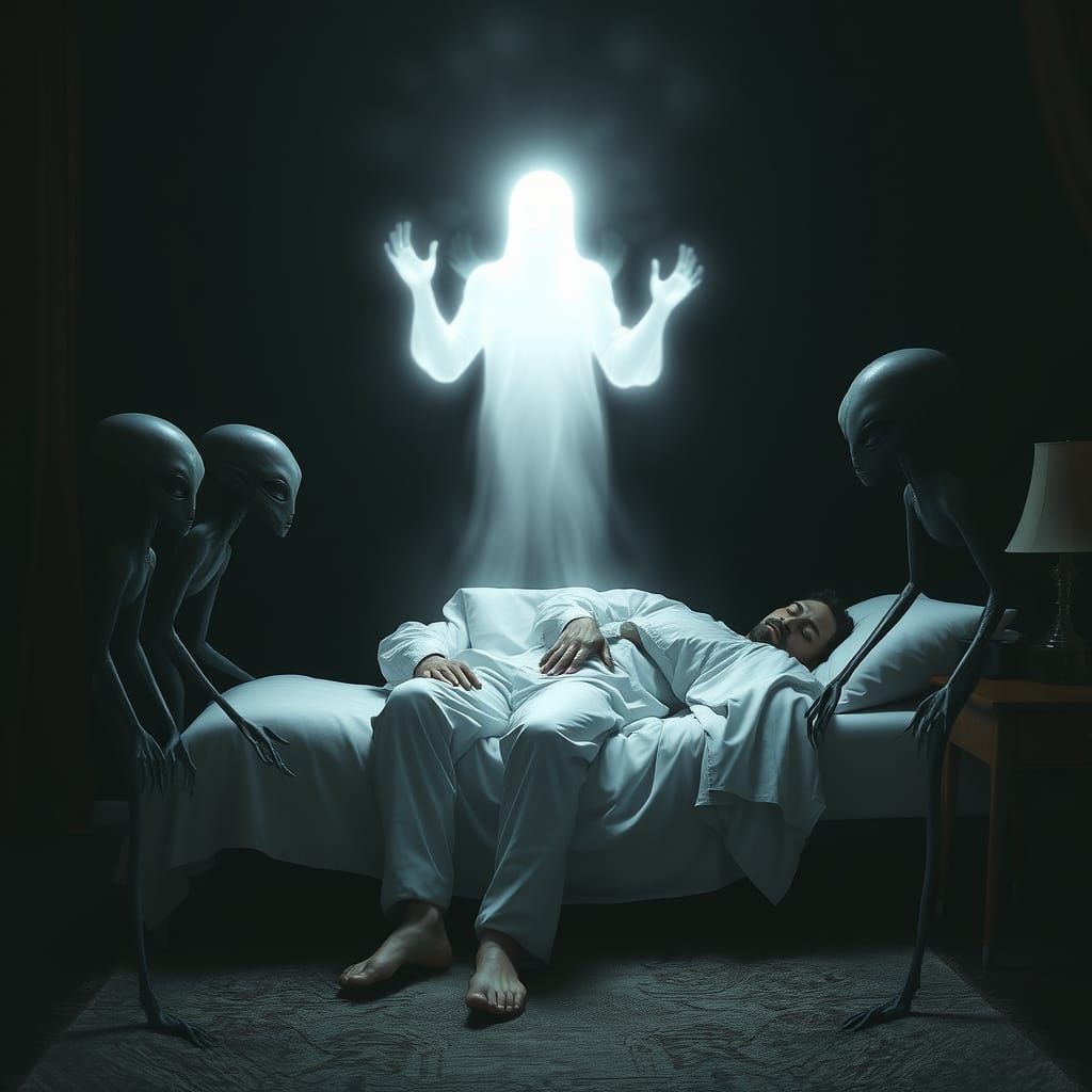 Spirit Above Sleeping Person Watched By Aliens