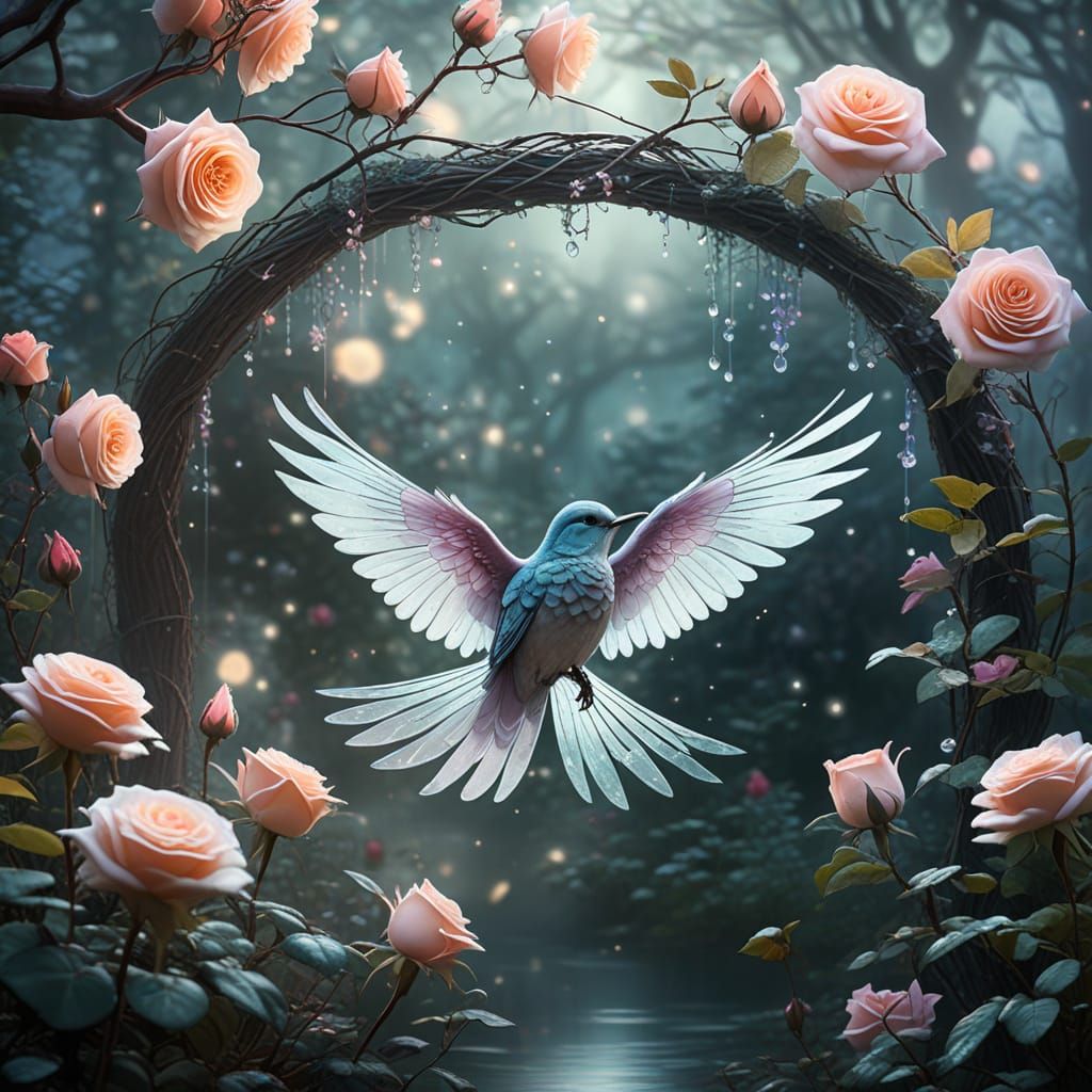 Enchanted Rose Garden with Bird, in Dreamy Pastel Style