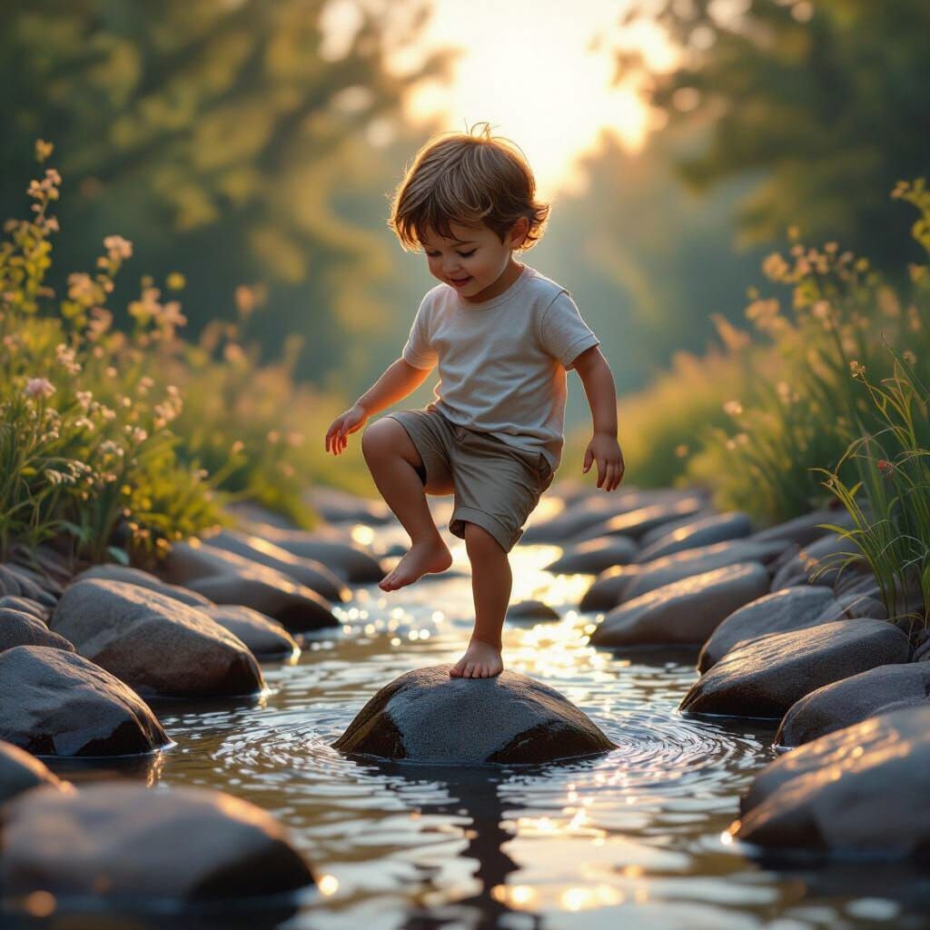Boy Balancing on Rock in Creek During Golden Hour