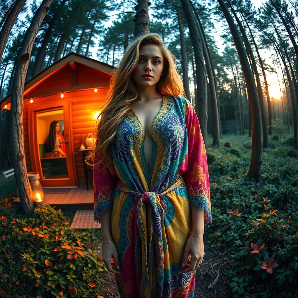 Psychedelic Forest Goddess in Neon Sunset Light