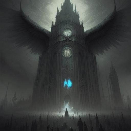 Gothic Tower Collapse in Horror Engraving Style