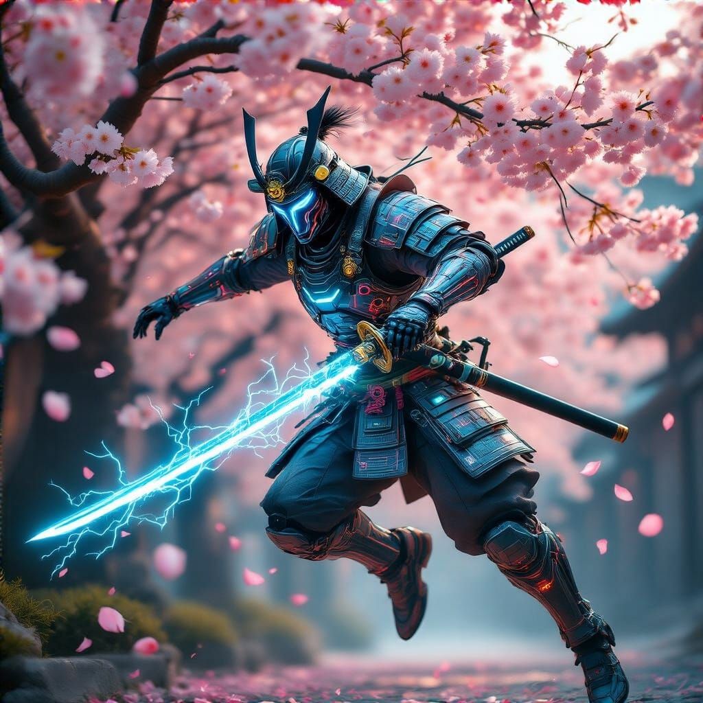 Cyberpunk Samurai Leaps Through Cherry Blossoms