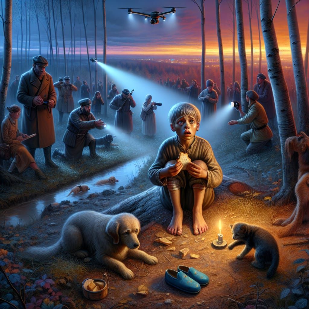 Lost Boy Hiding in Forest, Hyperrealistic Concept Art