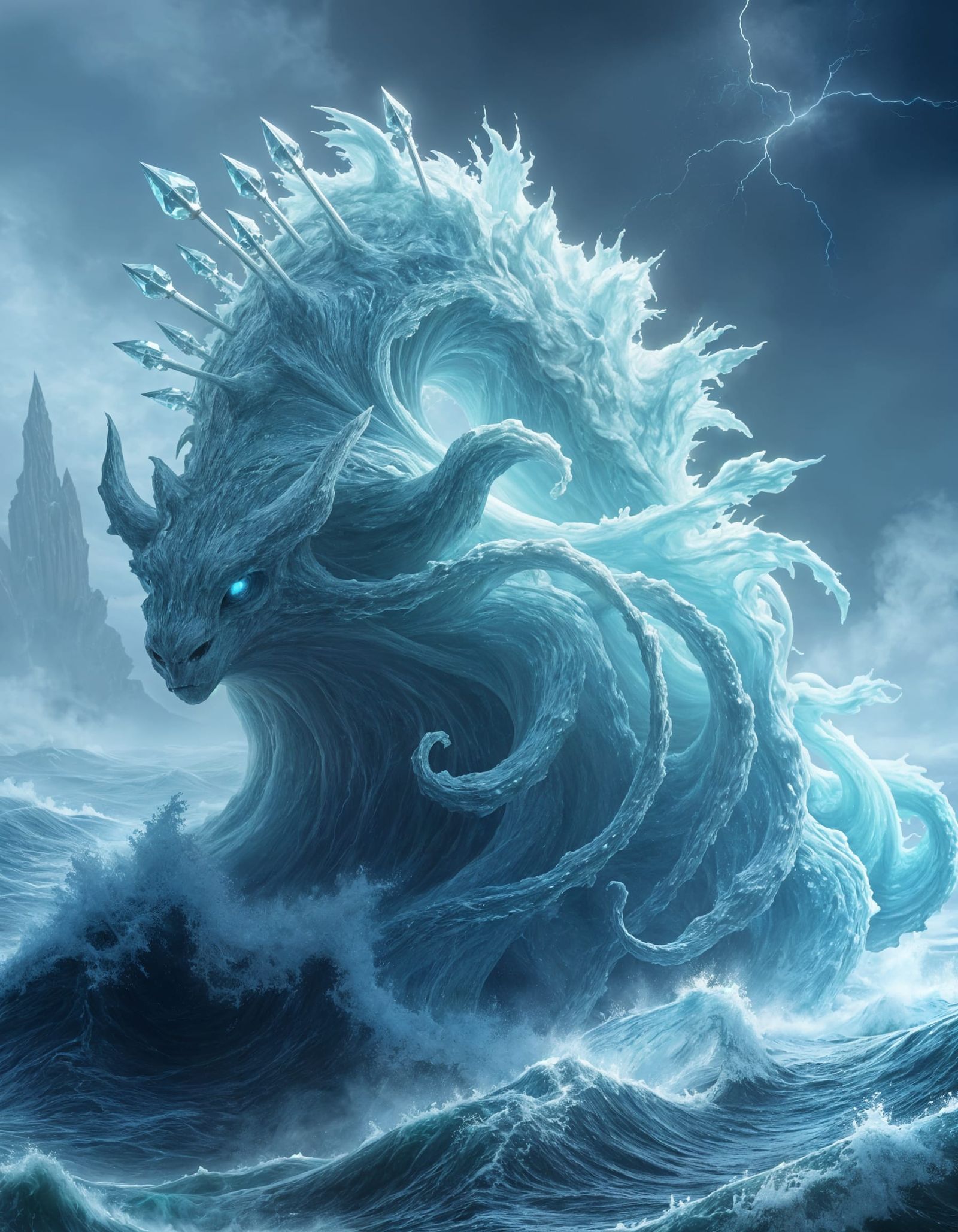 Water Elemental in Stormy Sea, Cyberpunk-Style Water Sculptu...