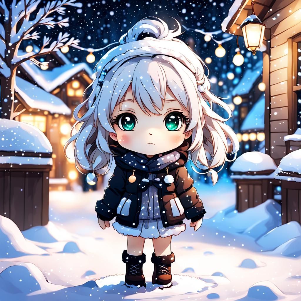 Chibi Girl in Snowy Christmas Scene