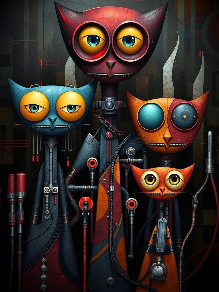 Futuristic cats with metallic fur and neon accents, posing on a sleek, silver platform amidst a bright, gradient blue ba...