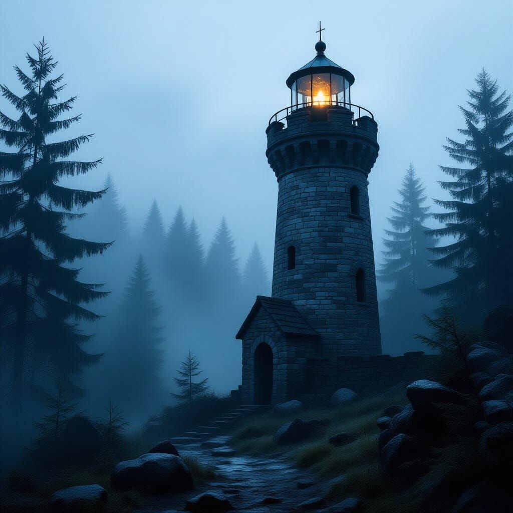 Misty Lighthouse in Gothic Romantic Style