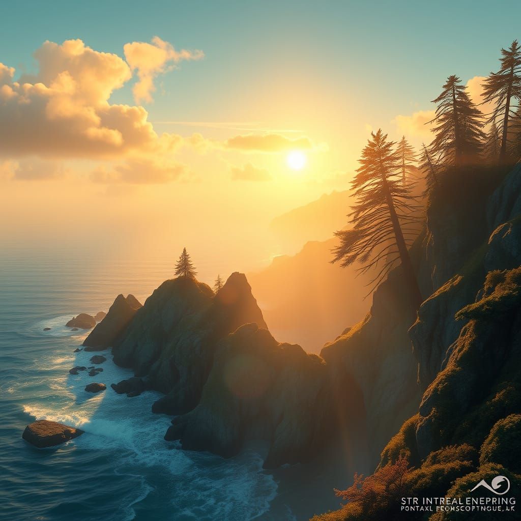 Mystical Pacific Coast Landscape in Whimsical Fantasy Style