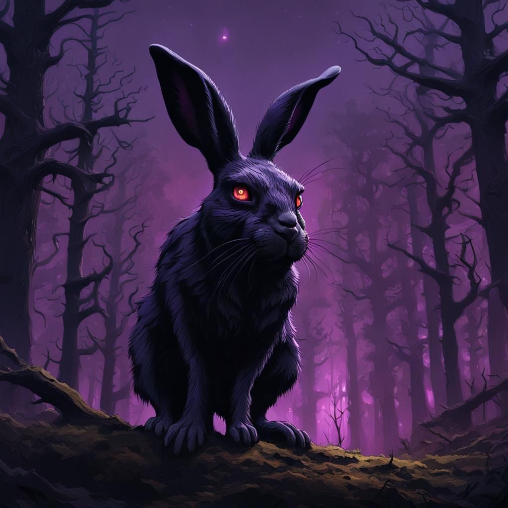 Eerie Black Rabbit in Dark Fantasy Forest