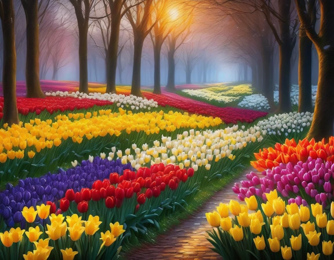 Daffodils and Tulips Against Winter Backdrop