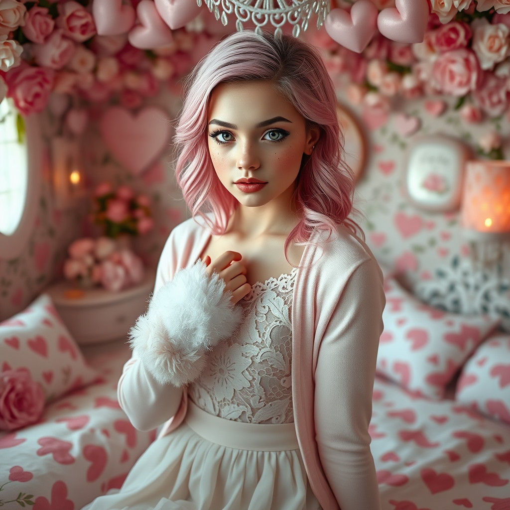 Rosy-Cheeked Teenager in Whimsical Pink Bedroom