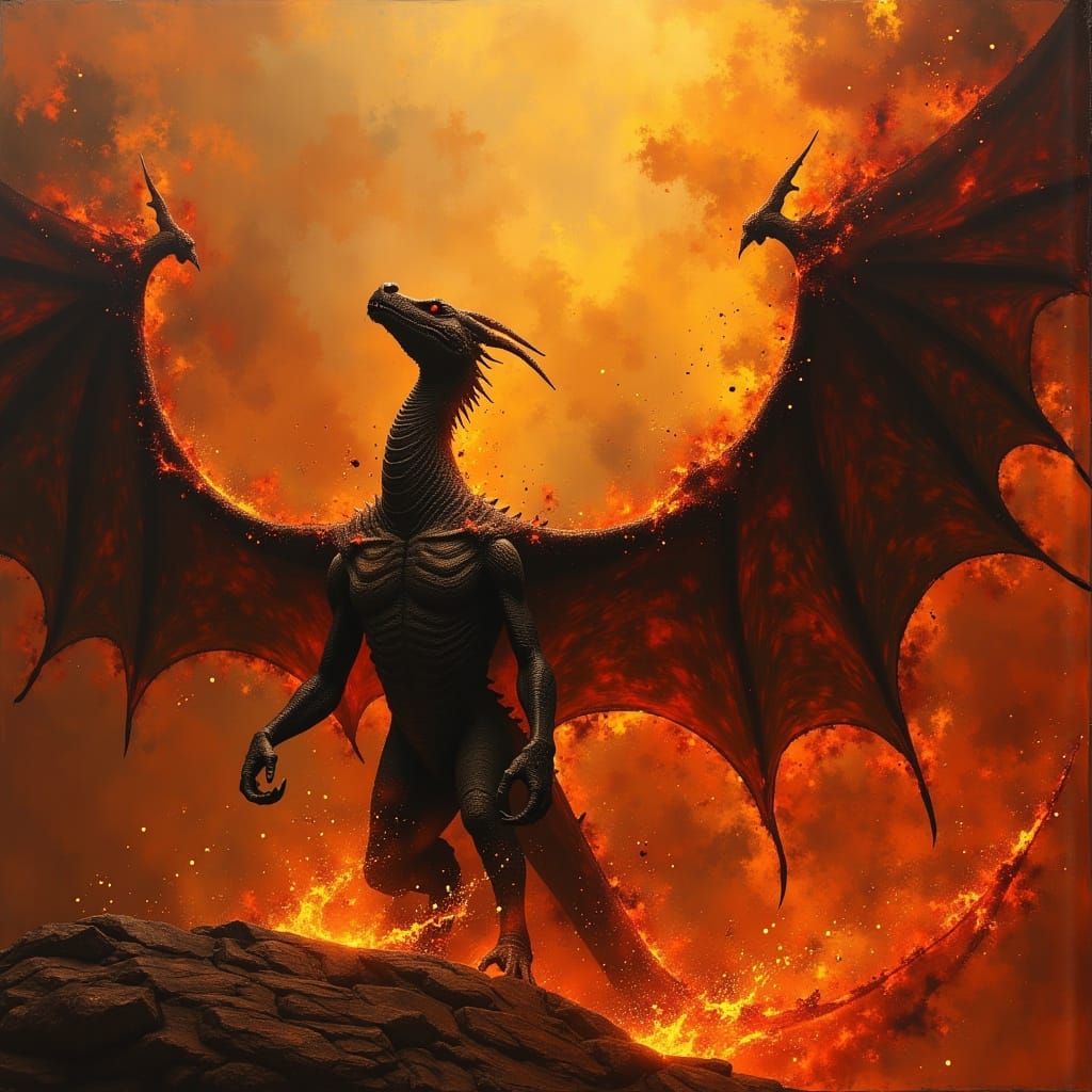 A Dark Dragon Enveloped in Flickering Inferno