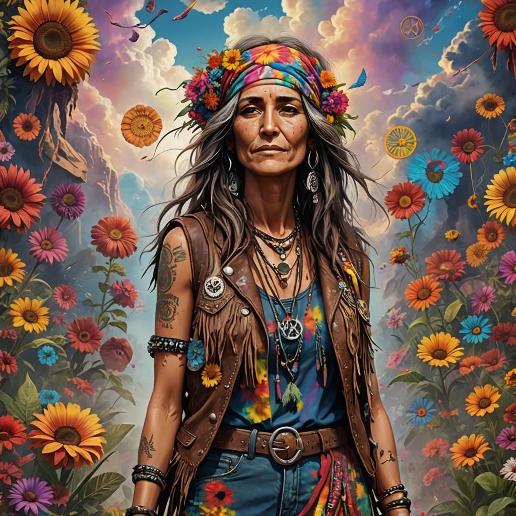 Hippie Girl in Tie Dye with Flowers, Matte Painting