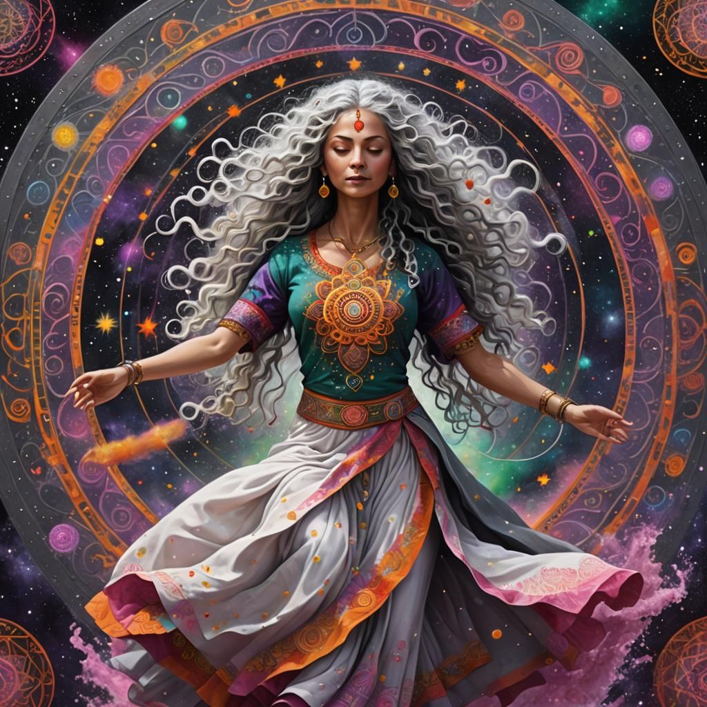 Cosmic Woman Dancing in Astral Universe: Digital Art
