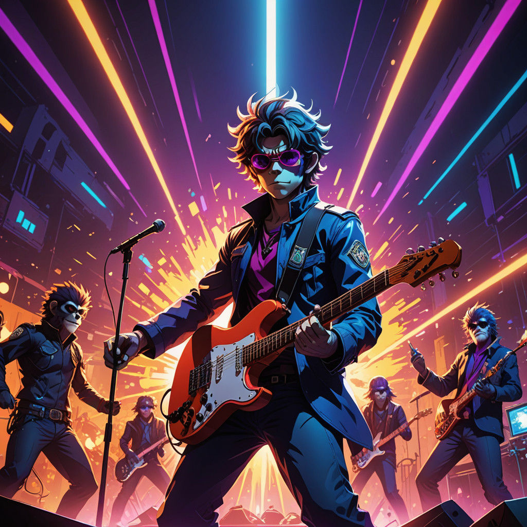 Rockstar Monkeys Band on Stage in Neon-Lit Concert