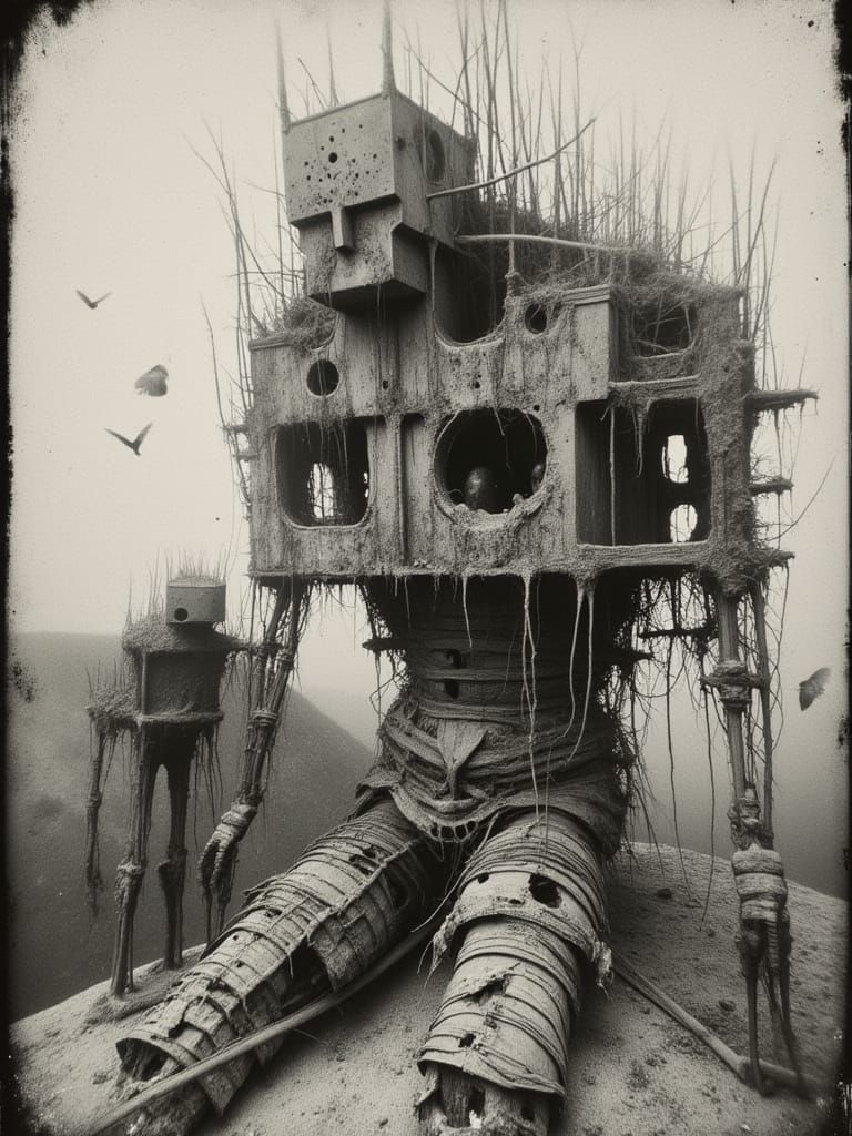 Giant Cracked Mechanical Man in Atomic Age City