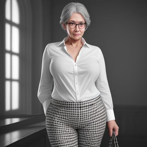 Hyperrealistic Image of a Gray-Haired Woman in Houndstooth