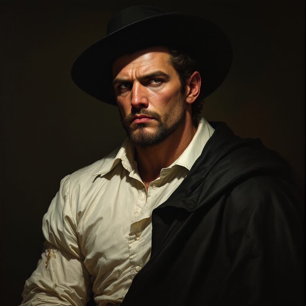 Man in 17th-Century Attire with Dramatic Chiaroscuro Lightin...