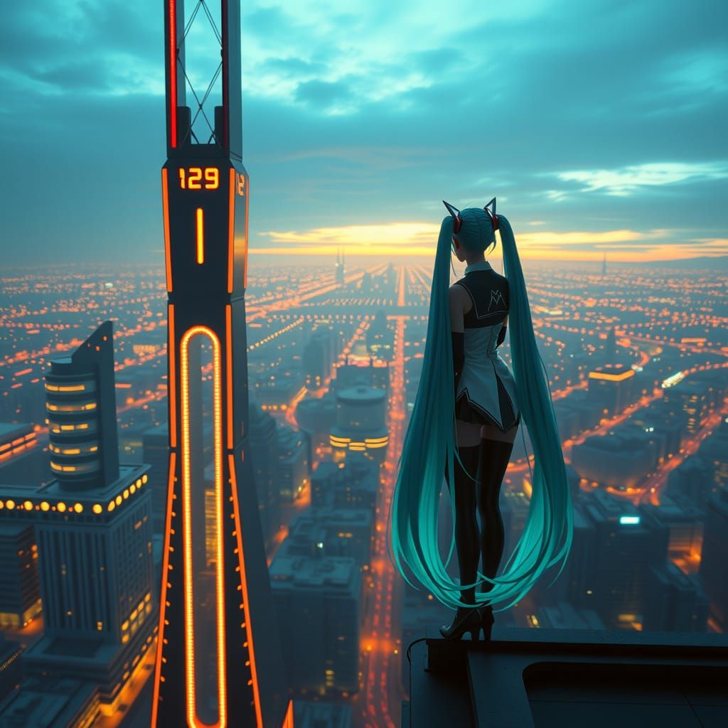 Hatsune Miku in Cyberpunk Cityscape